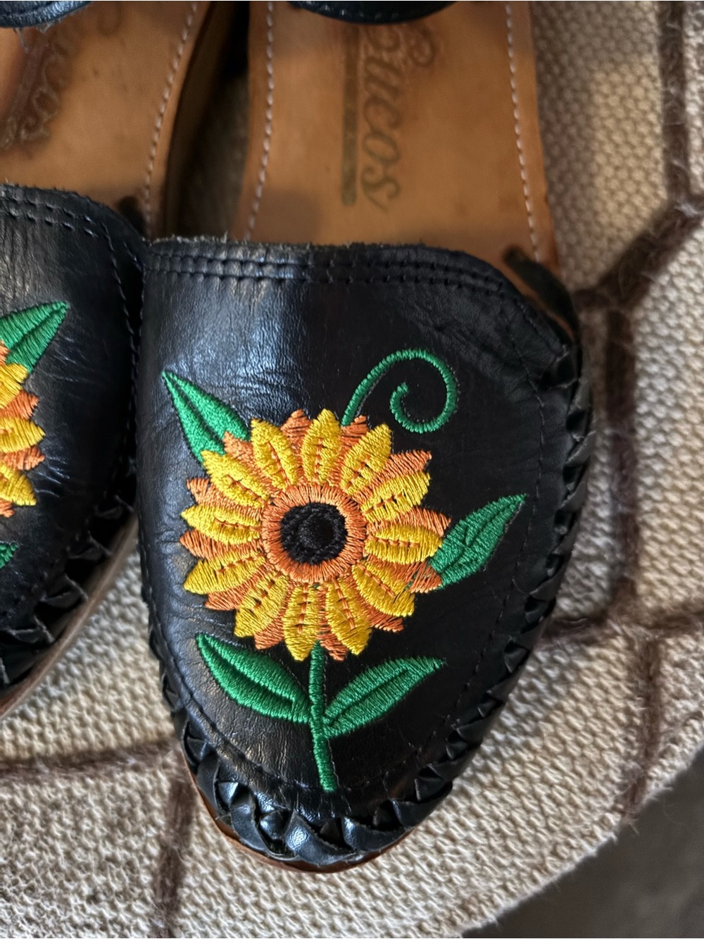 Mexican Black Leather Sandals with Yellow Sunflower Embroidery